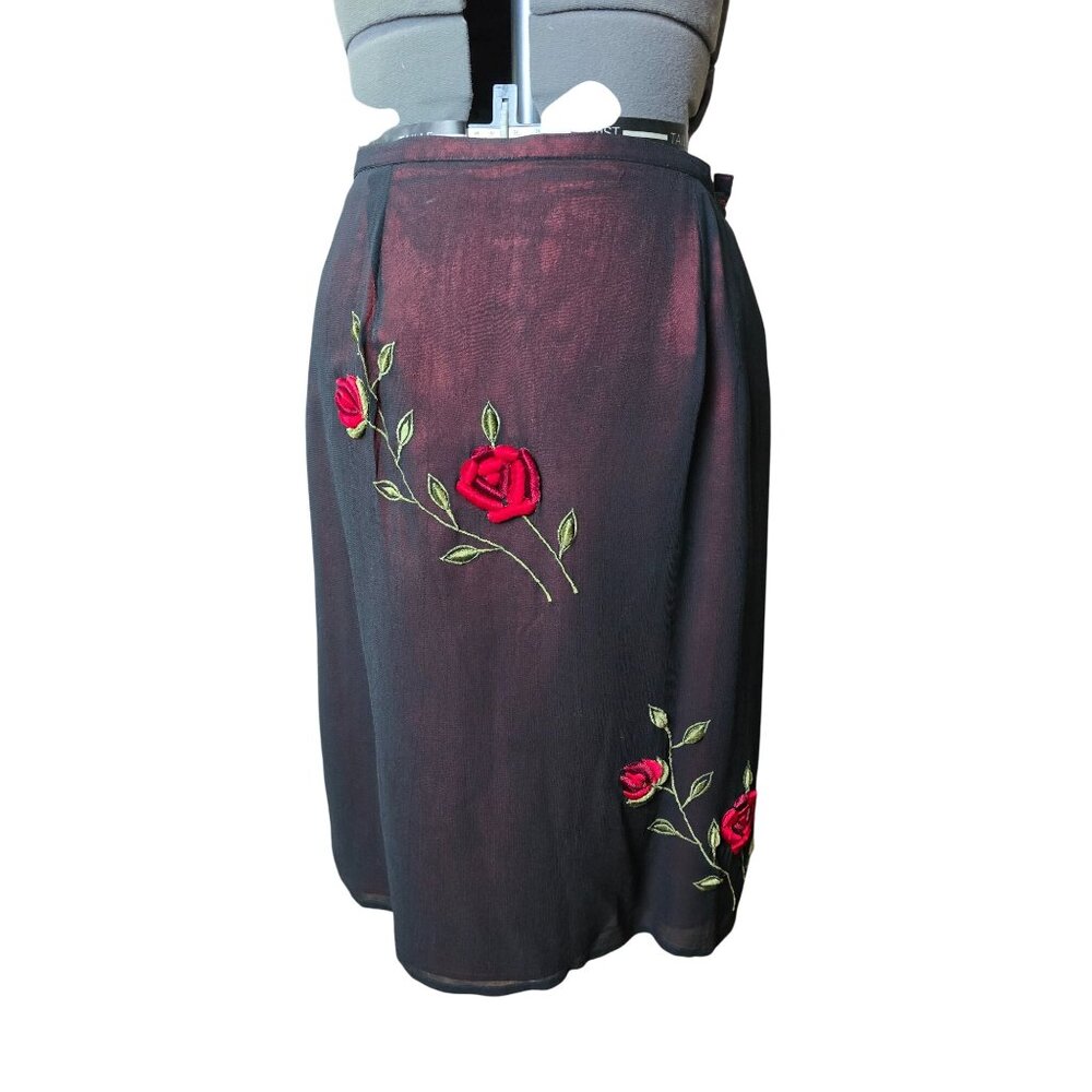 Vtg 90s Floral Embroidered Black Mesh Overlay‎ Red Satin Skirt Medium
